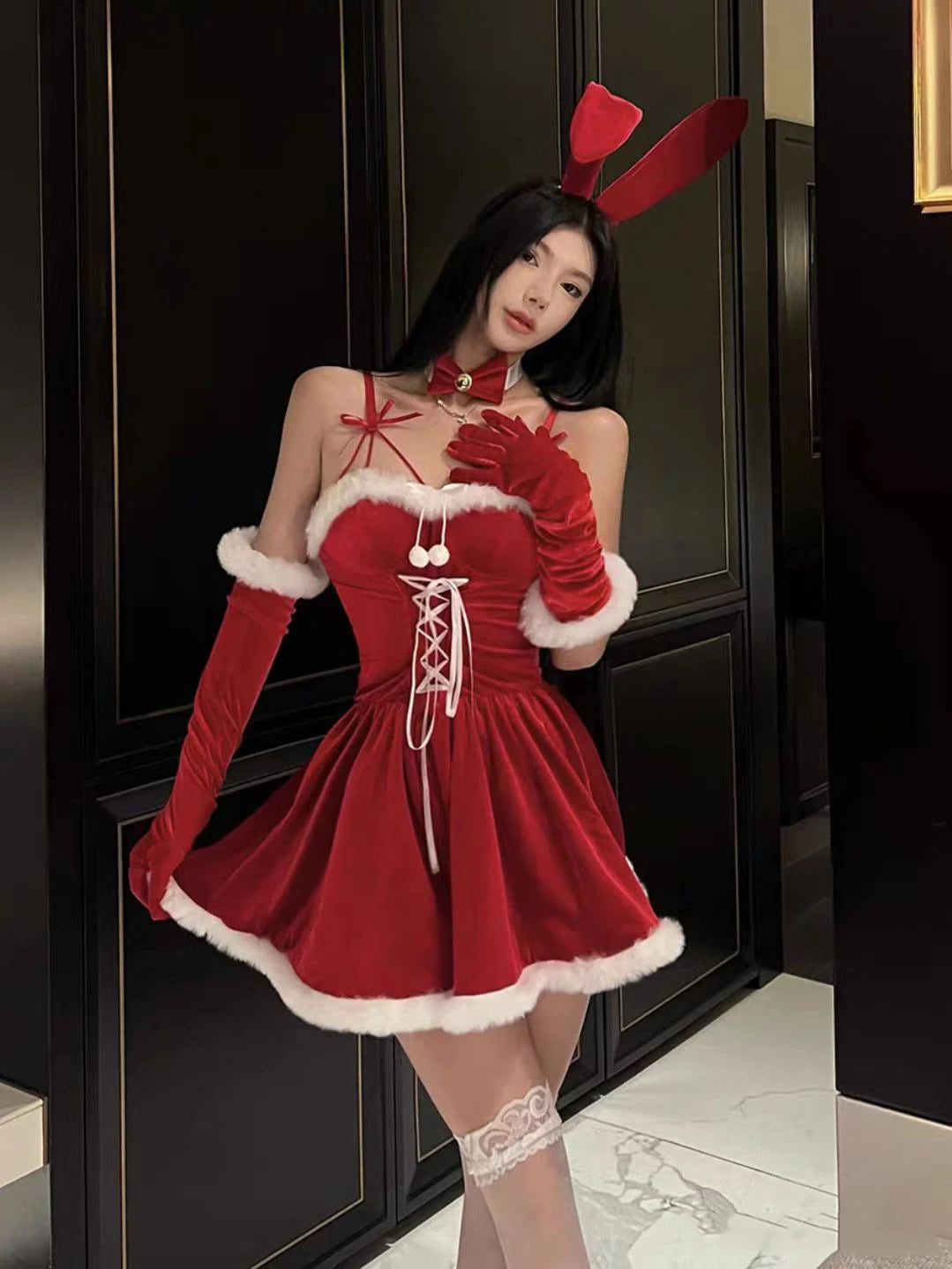 Cyflymder  Christmas Lingerie Sexy Bunny Dress Santa Claus Cosplay Costume Club Party Performance Photoshooting Seductive Temptation