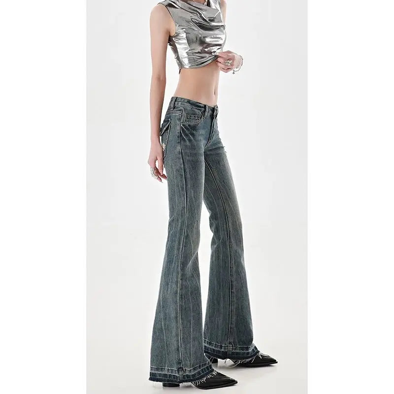 Cyflymder American High Street Spicy Girls Low Waist Jeans Women Autumn Vintage Y2k Design Sense Slim Fit Straight Tube Micro Flare Pants