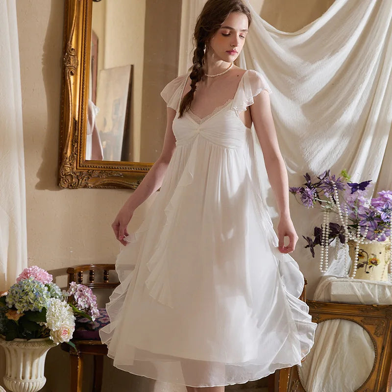 Cyflymder   Suspender Nightdress with Chest Pad Kink Design Irregular Ruffle Edge Pajamas Long Skirt Princess Style Loungewear