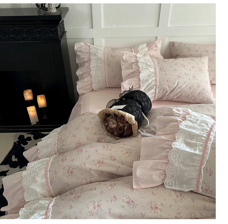 Cyflymder  Pink Floral Double Layer Lace Ruffles 100% Cotton Bedding Set Duvet Cover Set Bed Sheet/Bed Skirt/Fitted Sheet Pillowcases 4Pcs