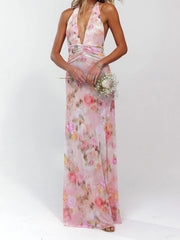Cyflymder  Elegant Floral Print Maxi Dress Sleeveless Halter Neckline with Open Back Women s Summer Party Gown in Polka Dot Pattern