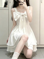Cyflymder   Japanese Sweet White Bowknot Sleeveless Sling Women New Lovely Fashion Slim Dresses Aesthetic Spring Kawaii Fairy Clothing