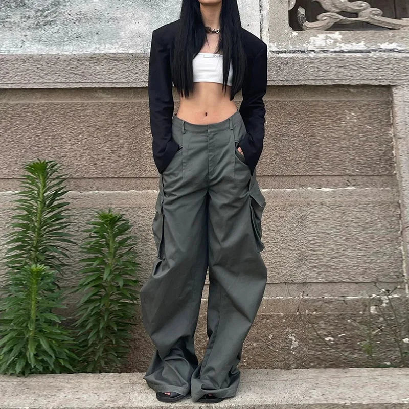 Cyflymder  American Retro Baggy Cargo Pants Y2K Streetwear Low-Waisted Wide Leg Trousers Female Fashion Big Pocket Straight Pants