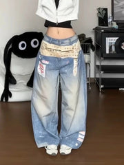 Cyflymder  Blue Vintage Graphic Women Distressed Jeans Washed Wide Leg American Style Straight Denim Trousers Baggy Casual Gyaru