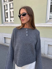 Cyflymder  Y2K Vintage Simple gray knitted pullover with a half-open collar and loose short sleeves women sweater Winter Daily Chic Sweater