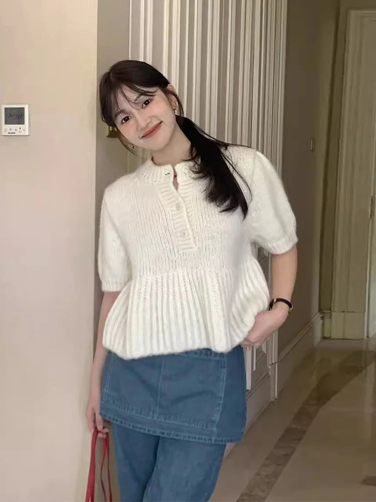 Cyflymder  Chic Autumn New Sle Retro Splicing Lace Trim Soft Bubble Sve Knitted Sweater Women's Faionable Commute Loose Fit