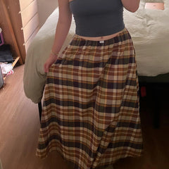 Cyflymder  Y2k Women Gingham Maxi Skirts A Line Ruffle Plaid Midi Skirt Flowy Long Skirt Losse High Waist Summer Vintage Streetwear