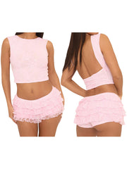 Cyflymder  Women s Sleeveless Lace Tank Top and Tiered Shorts Lounge Set with O Neck - 2 Piece Outfit