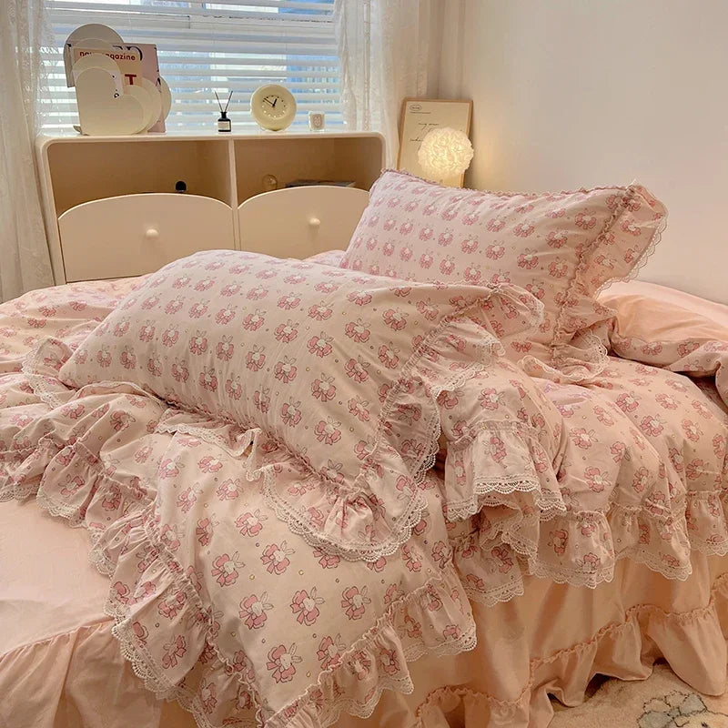 Cyflymder  100% Cotton Vintage Countryside Rose Floral Lace Ruffles Duvet Cover Set Bed Skirt Or Bed Sheet Pillowcases Girls Bedding Set