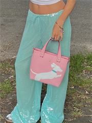 Cyflymder  Loose Solid Color Sequin Pants Woman Cinched Waist Glitter Straight Baggy Long Pants Casual Street Chic Sparkle Women's Trousers