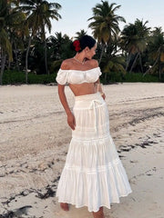 Cyflymder  Women's High Waisted White Lace Patchwork Maxi Bubble Skirt Boho Style Suitable For Music Festivals Concerts Coachella Parties