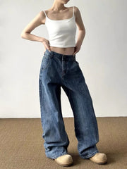 Cyflymder   American Vintage Paris Buckle Design Slub Cotton Denim Jeans Street Style Unique Straight Leg Loose All Match Long Pants