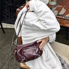 Cyflymder  Vintage Hot Girl Crossbody Bag Women Studded Punk Shoulder Bag Ladies Durable Leather Large Capacity Cylinder Bowling Bag Y2k