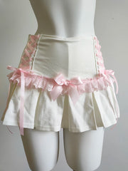 Cyflymder   Cute Pleated Skirts for Sweet Girls High Waist Lace Trim Pink Bow Lolita Style A-line Mini Shorts Skirt Summer