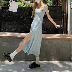 Cyflymder  French Style Puff Sleeve Broken Flowers Dresses Summer Sweet V-Neck Women's Clothing Backless A-Line Fashion Split Long Dress