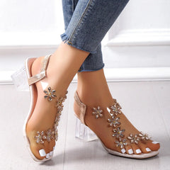 Cyflymder  Women;s Sandals Pvc Crystal Flower Shoes for Women Decoration Chunky Heel Sandals Ladies Back Strap Fashion Shoes Female