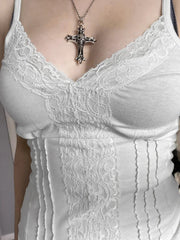 Cyflymder  Sexy Patchwork Lace Trim Camis Top Sweet Casual Slim Solid V-Neck Sleeveless Tank Tops Women Summer Streetwear Lady