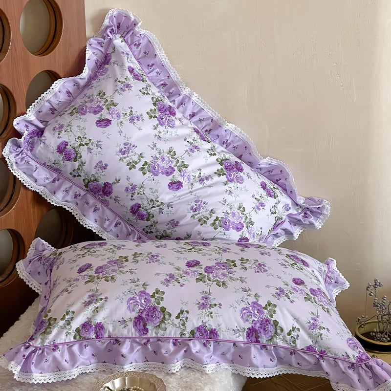 Cyflymder  Rustic Vintage French Rose Floral Ruffles 100% Cotton Bedding Set Duvet Cover Set Flat/Fitted Bed Sheet Pillowcases 4Pcs
