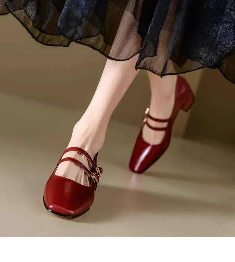 Cyflymder  Women's Mary Jane Shoes 2025 Spring Autumn New Fashion Buckle Strap Luxury Leather Shoes Comfortable Square Toe Party Sexy Pumps
