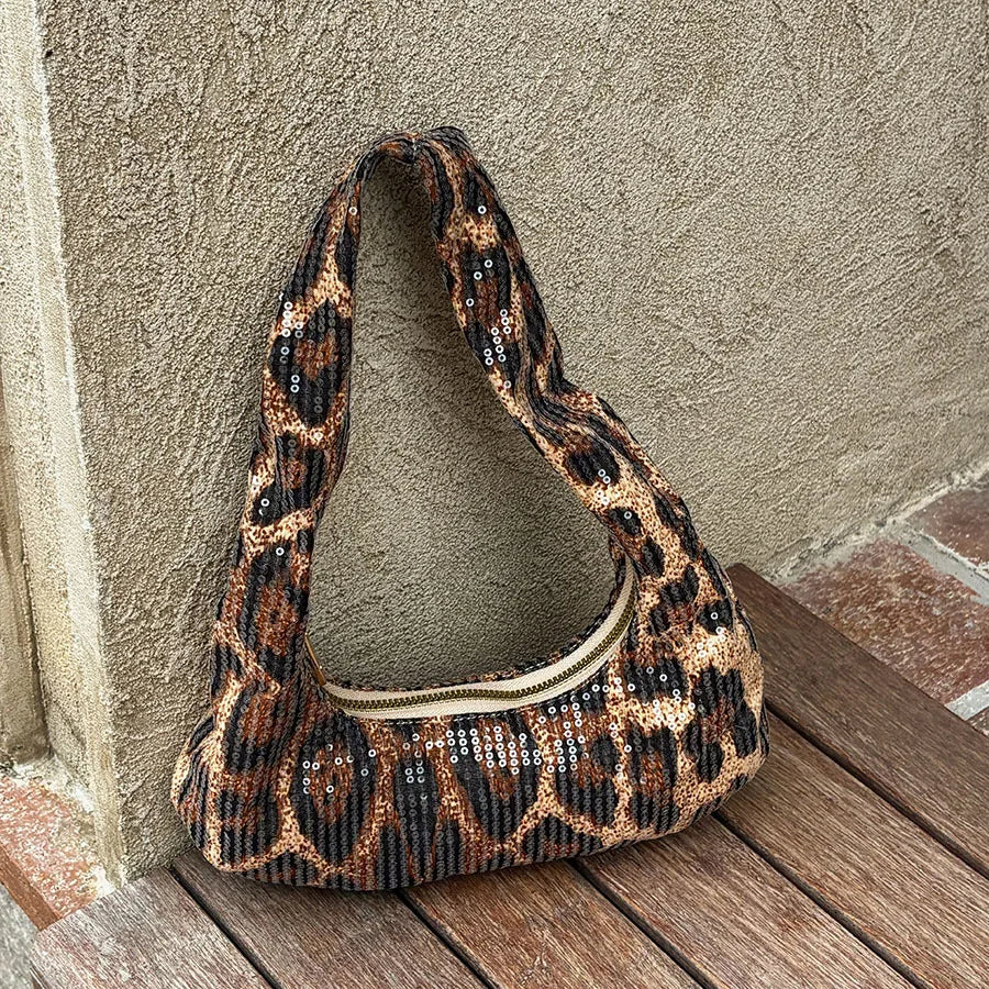 Cyflymder   Sequin Leopard Print Evening Clutch for Women Stylish Underarm Hobo Bag Lady Shoulder Handbags for Parties and Casual Outings