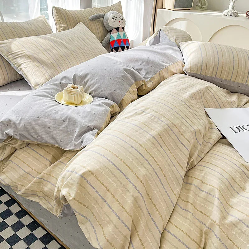 Cyflymder  Simple Nordic Pure Cotton Striped Bedding Set Naked Sleeping Comfortable Duvet Cover Set Fitted Sheet Kit for Single and Double