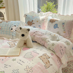 Cyflymder Korean Cartoon Printed Bedding Set Super Soft Fitted Sheet Pillowcase Quilt Cover with Lace Adult Student Dorm Textile Supplies