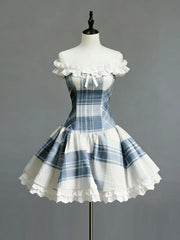 Cyflymder  Summer Blue and White Plaid Dress One-word Shoulder Lace Splicing Temperament Waist Commuter Skirt