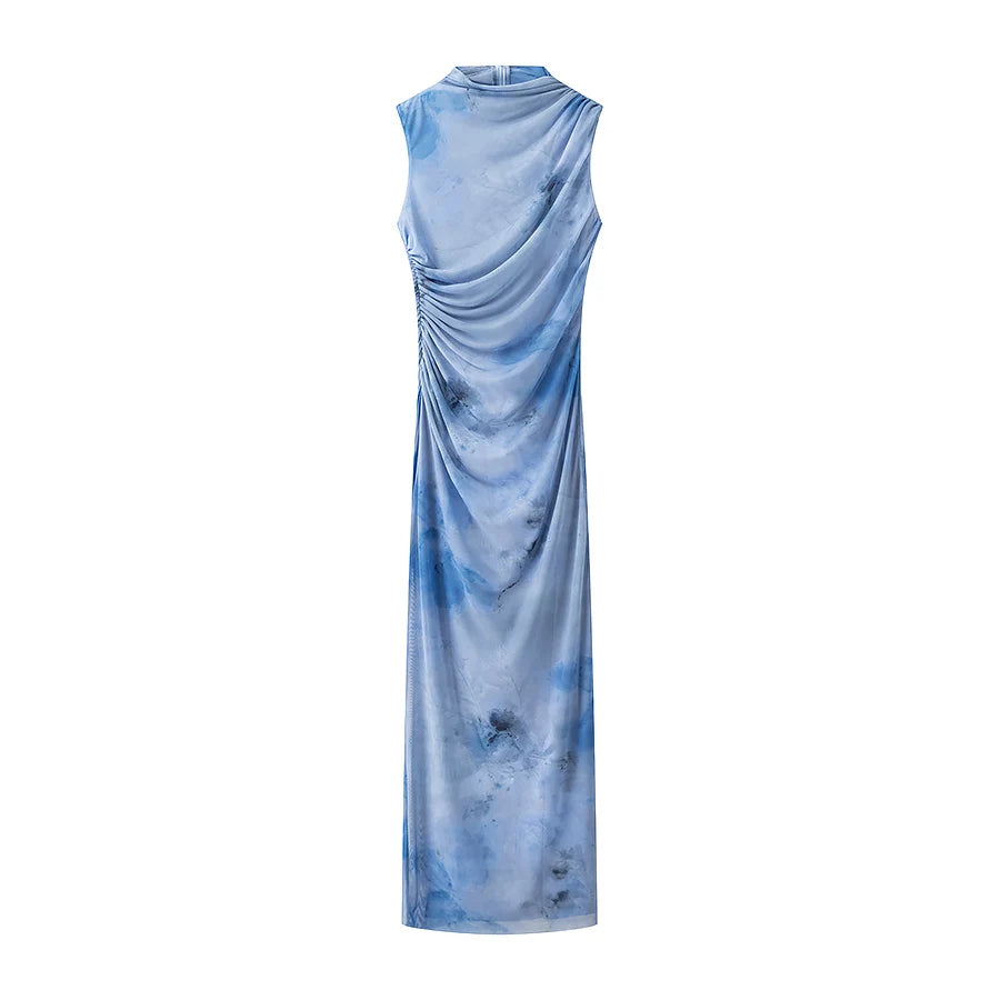 Cyflymder  Tie-dyed Folds Mesh Women Dress Summer Casual Sleeveless Blue Maxi Dress Back Zipper Long Beach Party Vestidos Boho Dress