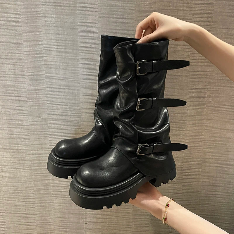 Cyflymder  Designer Thick Heel Women Western Cowboy Boots Fashion Ladies Belt Buckle Knight Booties botas de inverno feminina