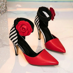 Cyflymder  Big size 42 pointy toe red flower ankle strap sandals elegant, high heels, summer party sandals women, dress shoes