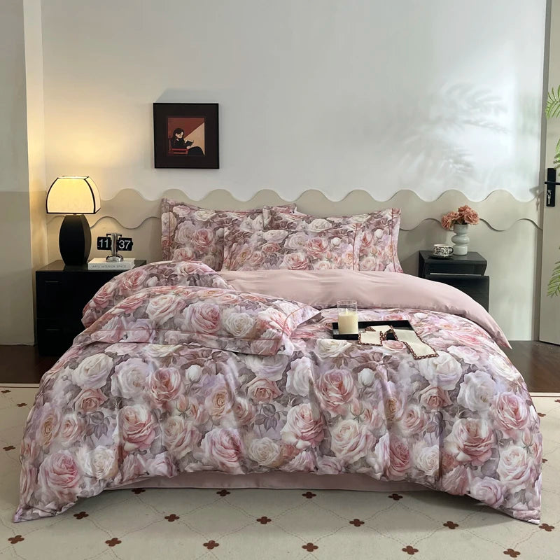 Cyflymder  100% Cotton Flowers Print Luxury Bedding Set Single Double Queen King Size Duvet Cover Flat/Fitted Bed Sheet Pillowcases 3/4Pcs