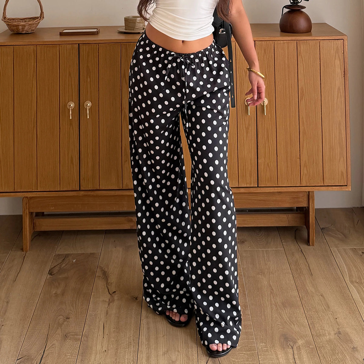 Cyflymder  Casual Polka Dot Print Elastic Waist Pants Women's Straight Leg Full Length Woven Trousers Vacation Style Beach Bottoms Fashion