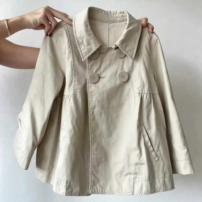 Cyflymder  Women Vintage Beige Short Trench Coat Lapel Collar Double‑Breasted Long‑Sleeve Loose Flared Outerwear With Pockets