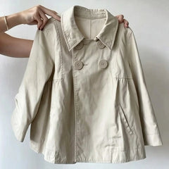 Cyflymder  Women Vintage Beige Short Trench Coat Lapel Collar Double‑Breasted Long‑Sleeve Loose Flared Outerwear With Pockets