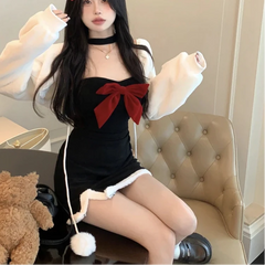 Cyflymder holiday dress Japanese Kawaii 2 Piece Set Women Sexy Sweet Bow Party Mini Dress Plush Cropped Coat Suit Female Korean Fashion Princess Dress