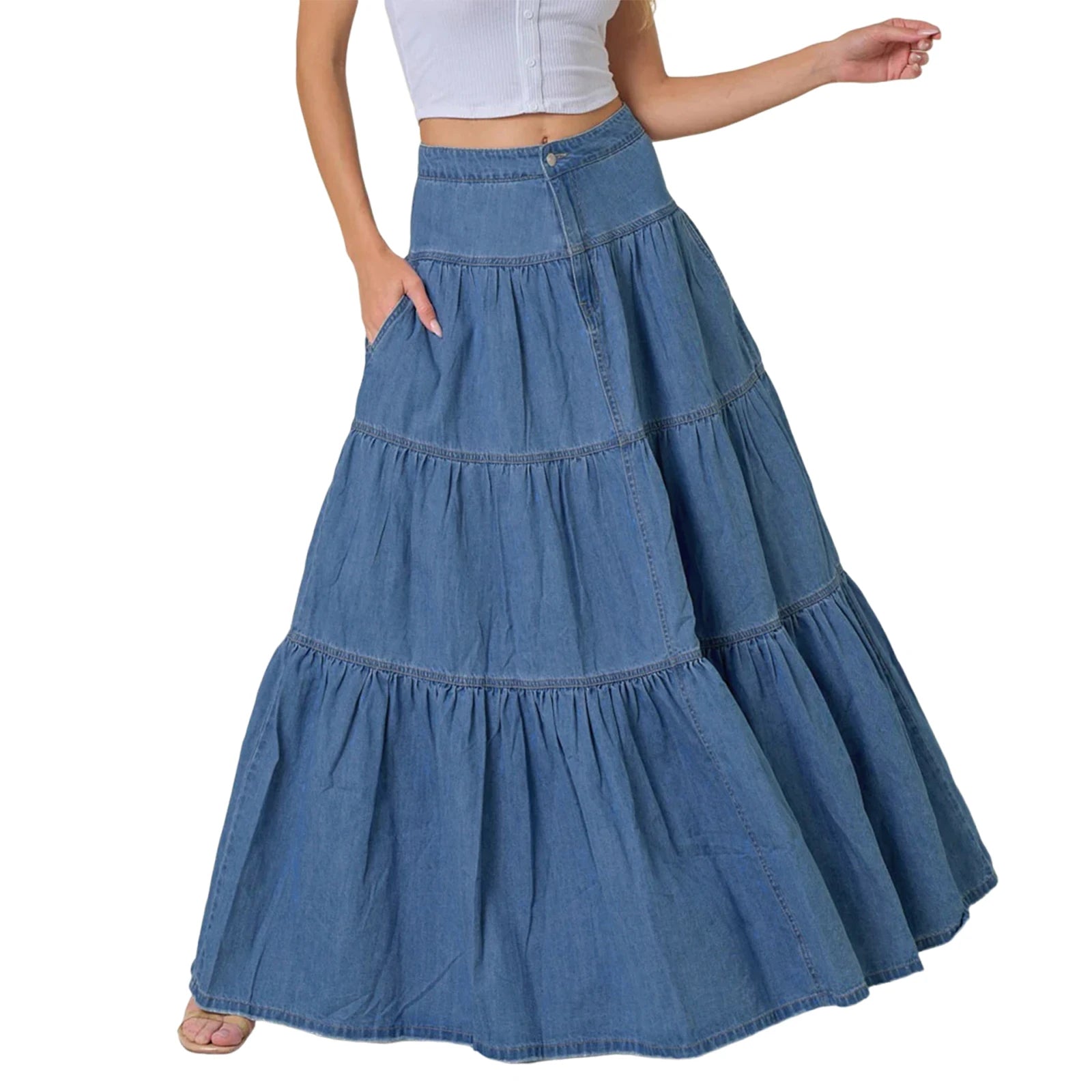 Cyflymder  Women's Fashion Denim Long Skirts Stylish Solid Color High Waist A-Line Jean Skirt for Summer Spring