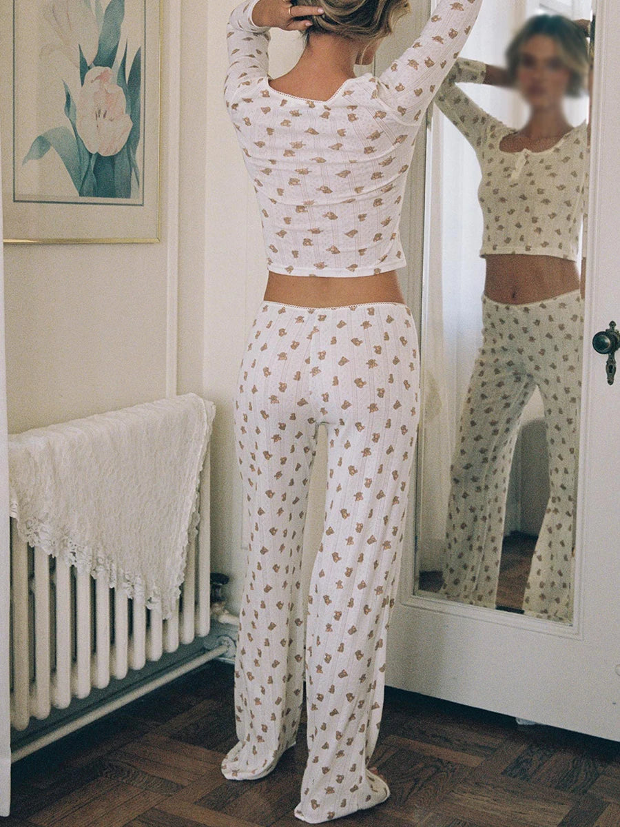 Cyflymder  Women s Pajama Set with Cute Heart and Bear Print Long Sleeve Crop Tops and Elastic Waist Long Pants 2 Piece Lounge Outfit