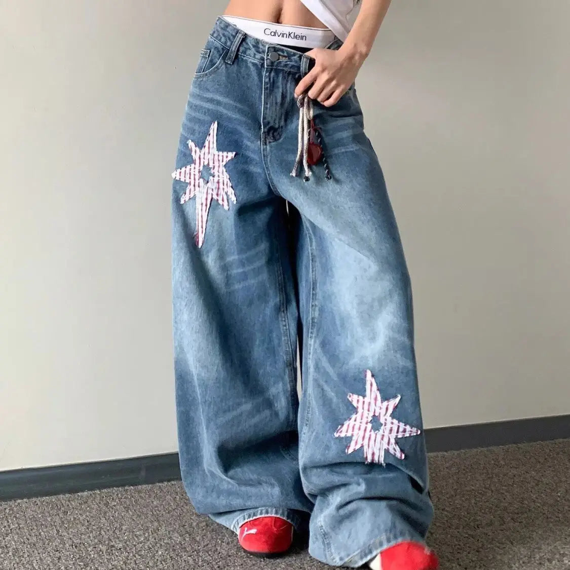 Cyflymder  American Star Patch Scimitar Jeans Women's Summer High Waist Washed Loose Wide Leg Trousers