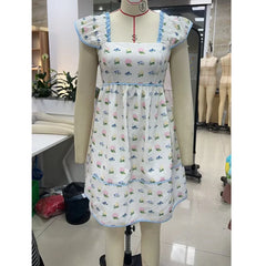 Cyflymder  Women's Floral Prairie Chic Mini Dress Flying Sleeve Square Neck Babydoll Dress Short Smocked Back Dress