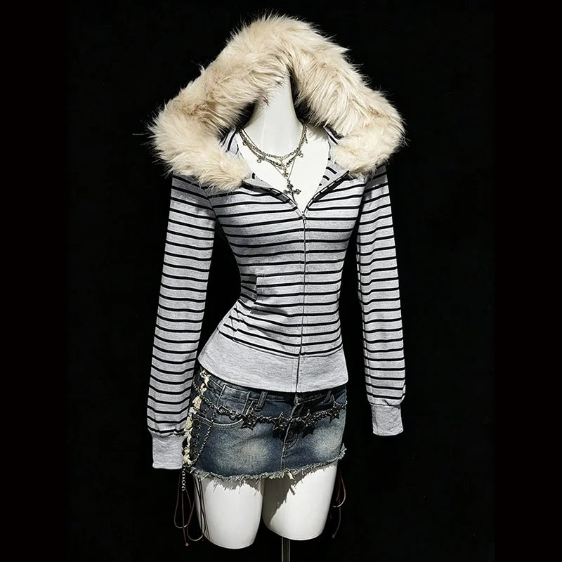 Cyflymder  Retro Y2K Striped Zipper Hoodie High Street Hat Slim Fit Long Sleeved Pocket Aesthetic Streetwear Jacket Punk Gothic Style