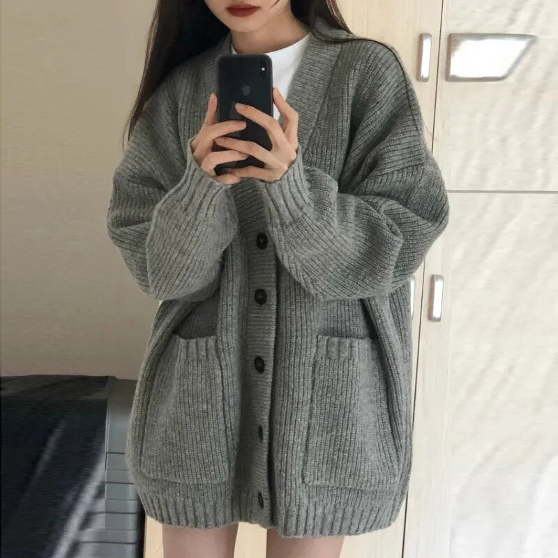 Cyflymder Autumn Winter Women Cardigan Sweater Coats Fashion Female Long Sleeve V-neck Loose Knitted Jackets Casual Sweater Cardigans