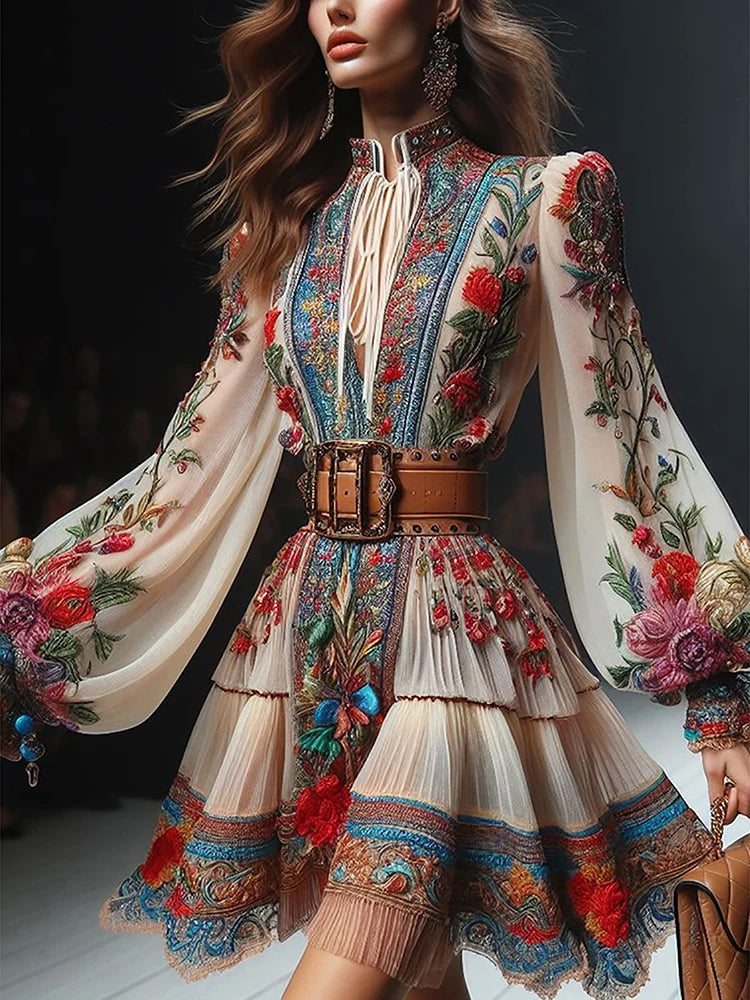 Cyflymder  Bohemia Floral Printed Elegant Women Dress Lace Up Vintage Lantern Sleeve High Waist Autumn Holiday Mini Dress Ethnic Vestidos