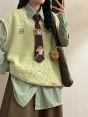 Cyflymder  Japanese Cartoon Embroidery Women Sweater Vest Harajuku Loose Patchwork Waistcoat Y2k Aesthetic Irregular Knitted Grunge Tanks