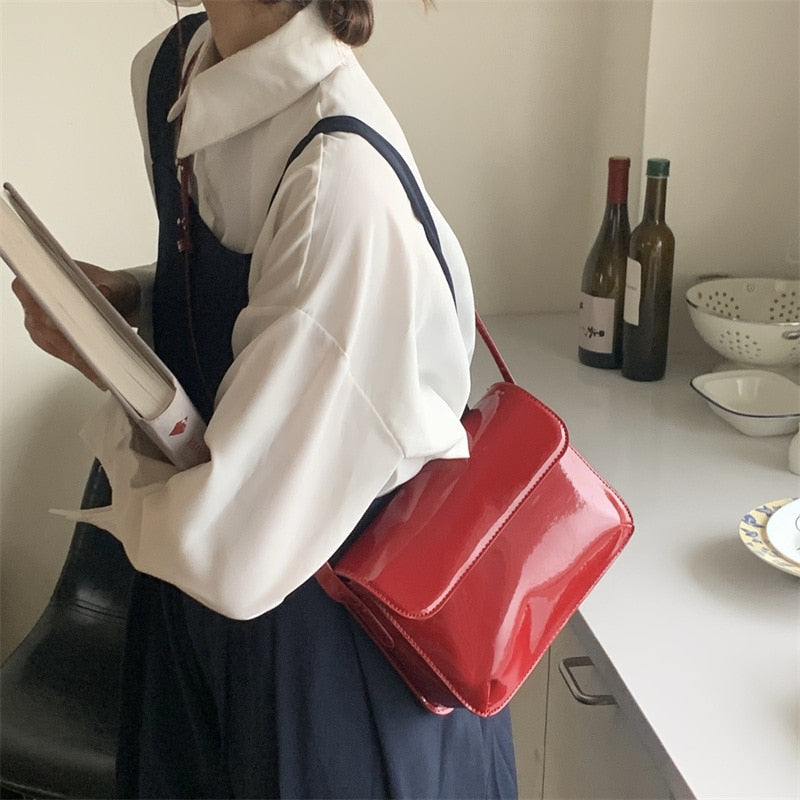 Cyflymder Vintage Red Square Shoulder Bag for Women Patent Leather Ladies Messenger Bags Clutch Purse Solid Color Female Fashion Handbags