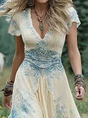 Cyflymder  Lady Fashion Flower Print Bohemian Dress Casual Hight Waist Slim Long Party Dress Summer Elegant V-neck Short Sleeve Swing Dress