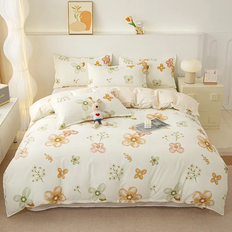 Cyflymder  Ins Style Plant Printed Skin Friendly Cotton Bed Sets 4Pcs Soft Cozy Duvet Cover Set for All Seasons King Queen Textile Supplies