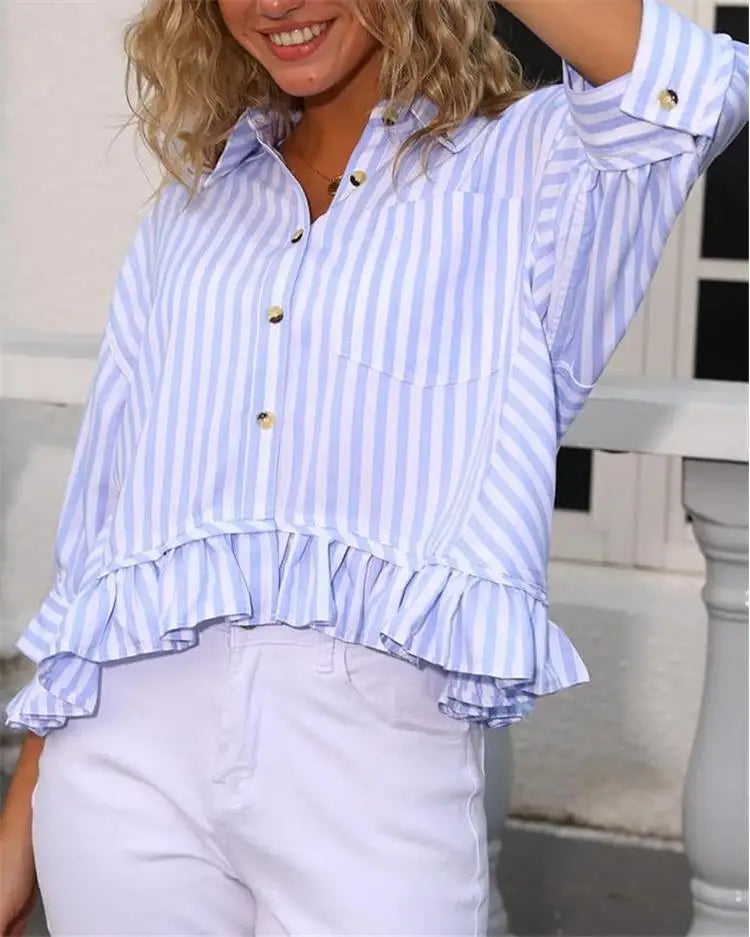 Cyflymder  Casual Stripe irt Women's Summer Top Button down ort Sve Gathered Hem Bubble Sve Polyester Fiber Commute Sleeve