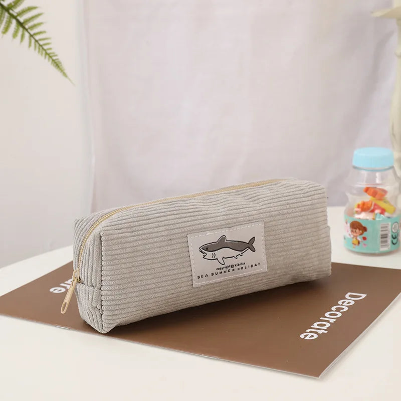 Cyflymder  Corduroy Pencil Case Korean Stationery Pencil Pouch Estuche Escolar Shark Pen Case School Supplies Trousse Scolaire Pencilcase