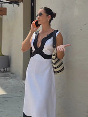 Cyflymder  New Arrival Contrast Color Patchwork Midi Dress For Women V-neck Sleeveless Backless Long Dress Lady Chic Evening Party Vestidos