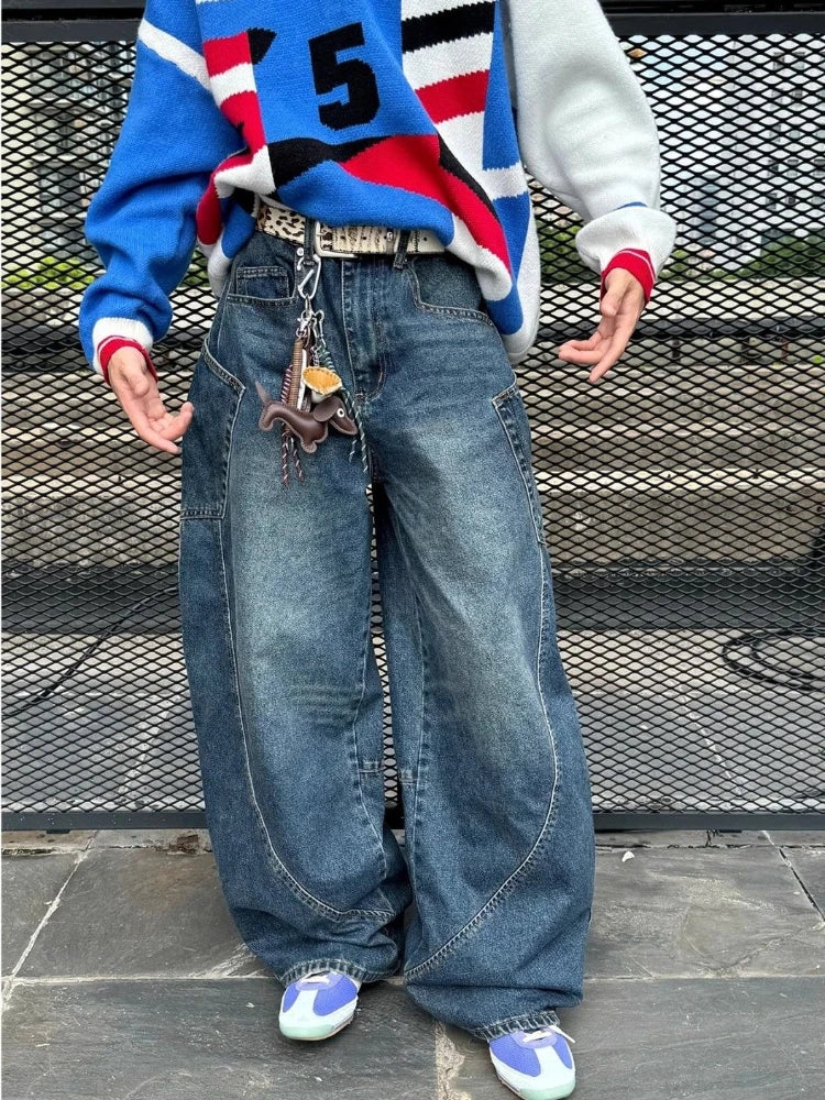 Cyflymder  Blue Wide Leg Jeans Women Vintage Washed High Waist Pockets Denim Barrel-leg Trousers American Style Baggy Streetwear